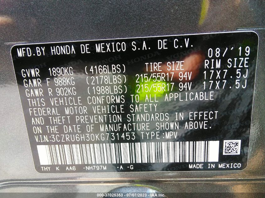 2019 HONDA HR-V LX - 3CZRU6H30KG731453