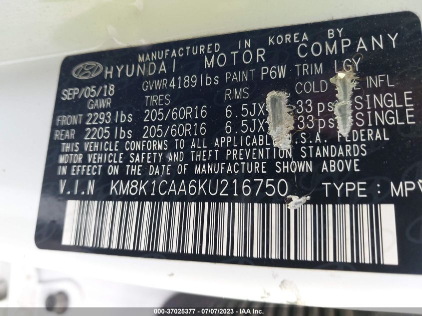 2019 HYUNDAI KONA SE - KM8K1CAA6KU216750