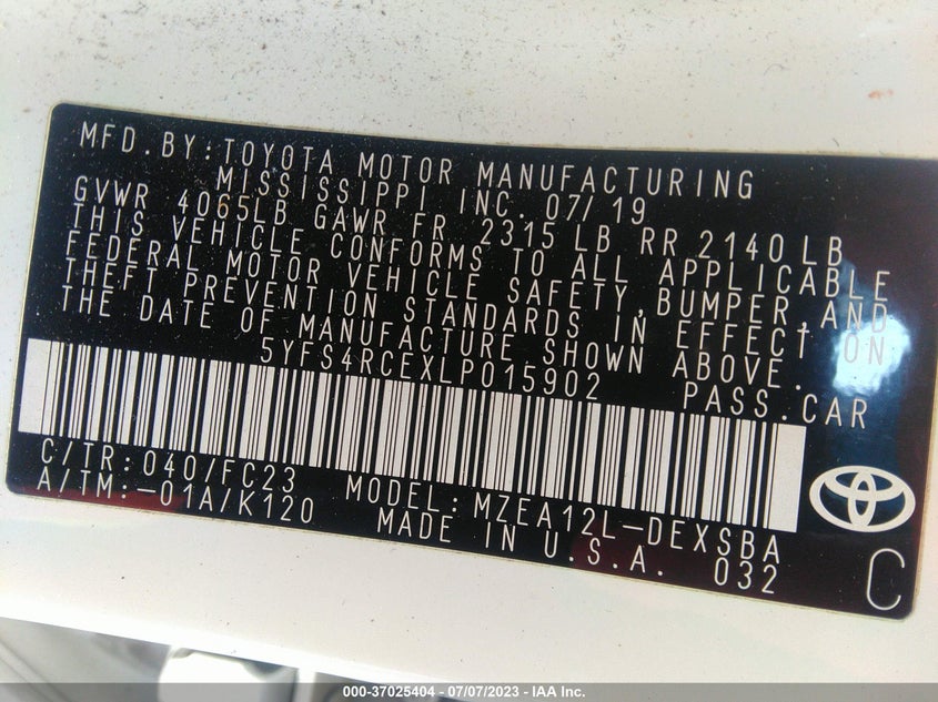 VIN 5YFS4RCEXLP015902 2020 TOYOTA COROLLA SE/NIGHTSHADE