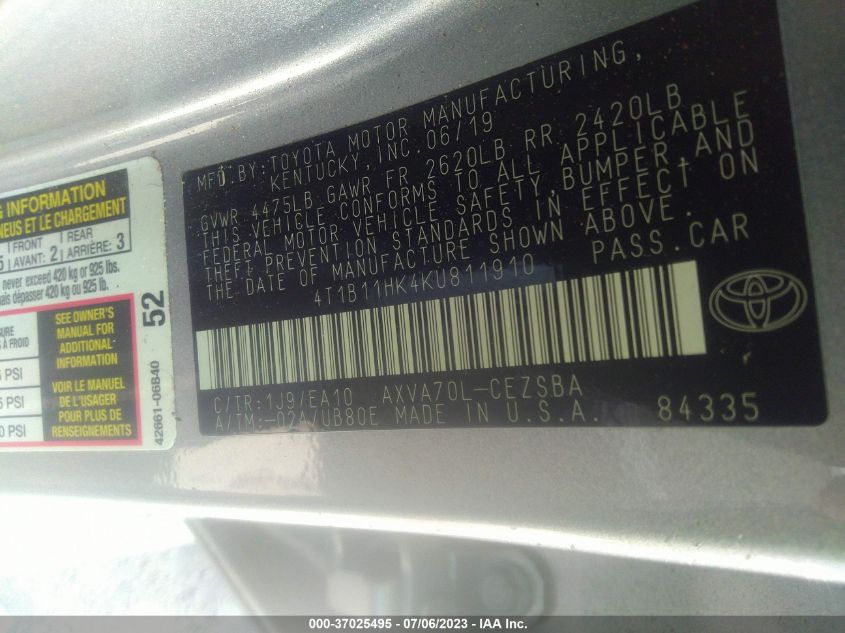 2019 TOYOTA CAMRY LE/SE/XLE/L - 4T1B11HK4KU811910