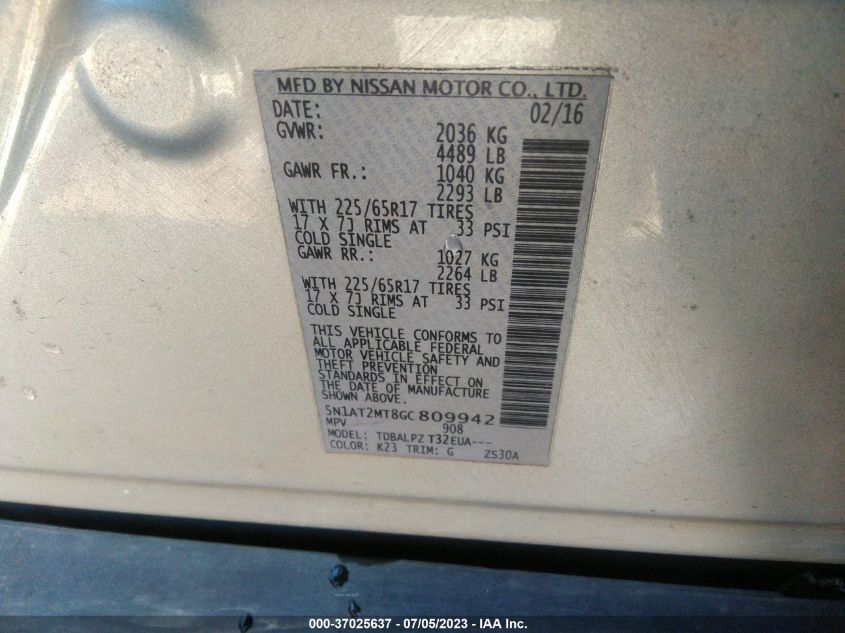 2016 NISSAN ROGUE SV/SL/S - 5N1AT2MT8GC809942