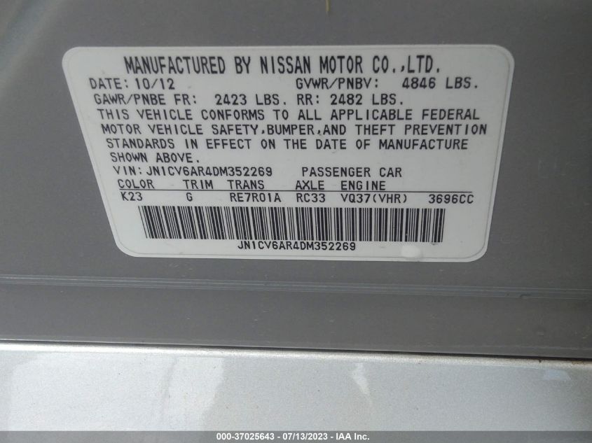 2013 INFINITI G37X - JN1CV6AR4DM352269