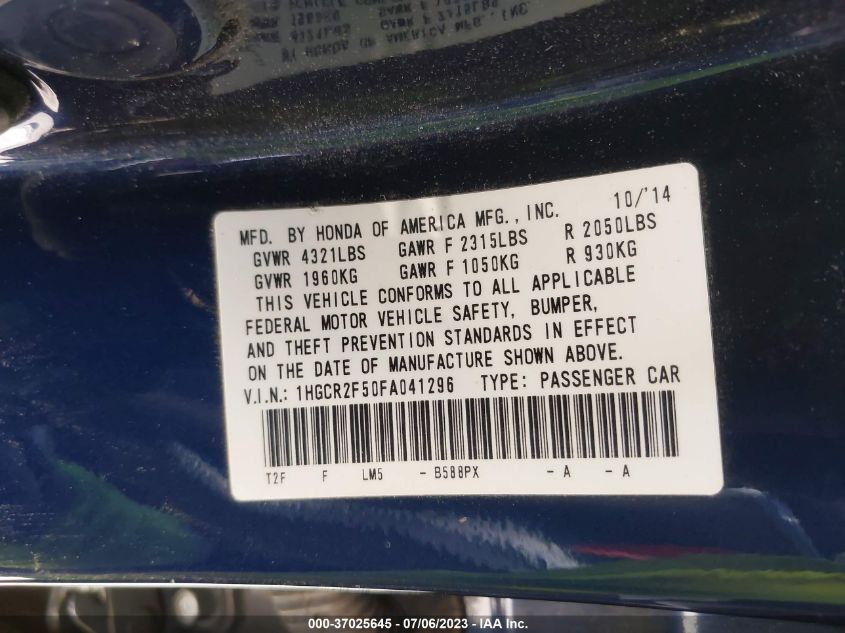 2015 HONDA ACCORD SEDAN SPORT - 1HGCR2F50FA041296
