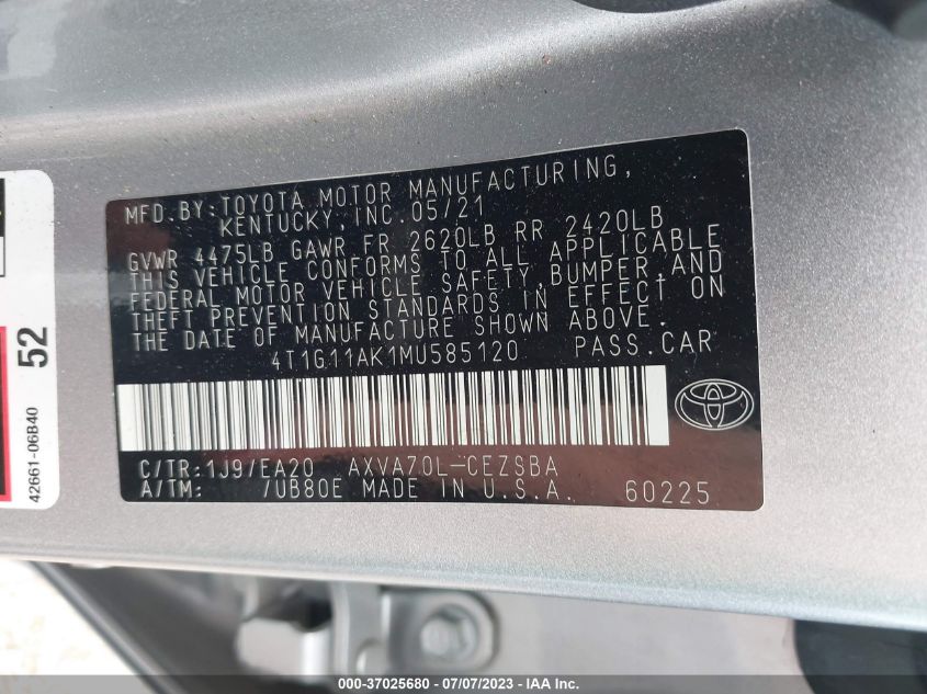 2021 TOYOTA CAMRY SE - 4T1G11AK1MU585120