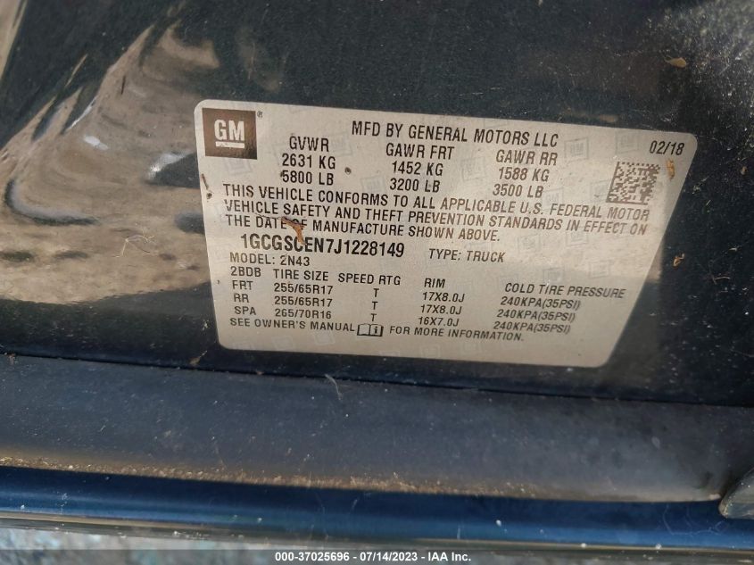 2018 CHEVROLET COLORADO LT - 1GCGSCEN7J1228149