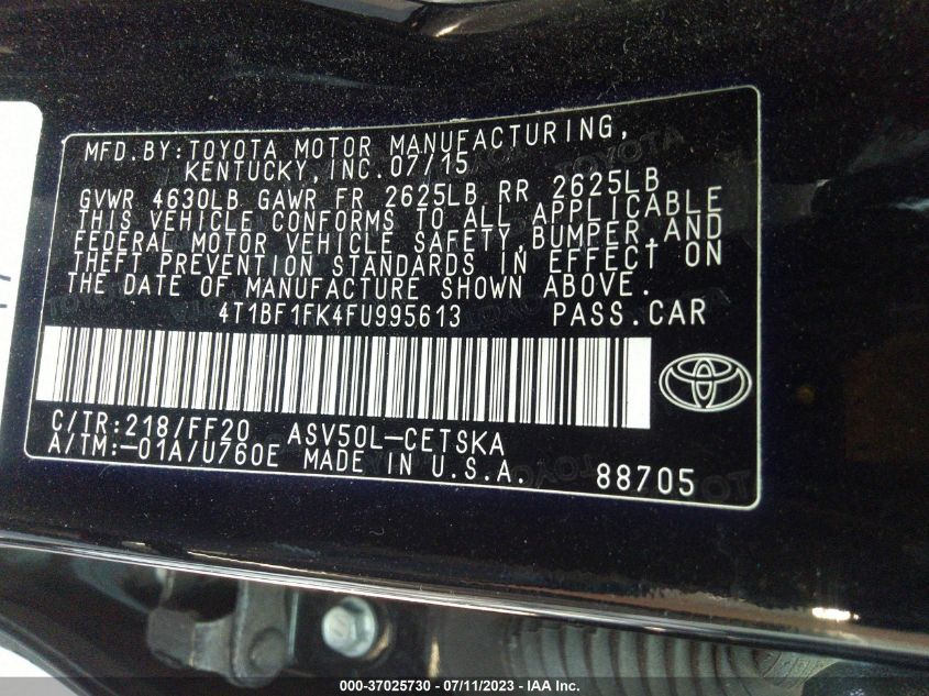 2015 TOYOTA CAMRY XLE/SE/LE/XSE - 4T1BF1FK4FU995613