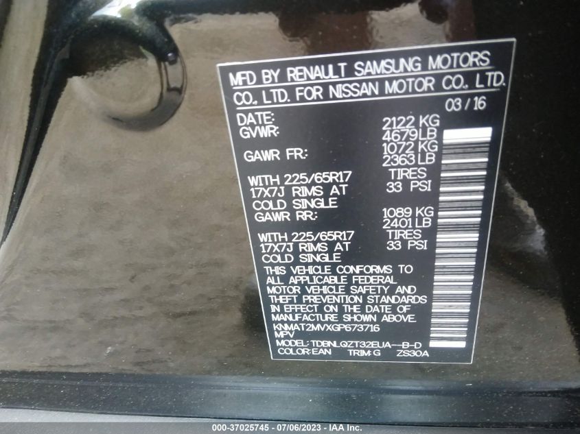2016 NISSAN ROGUE SV - KNMAT2MVXGP673716