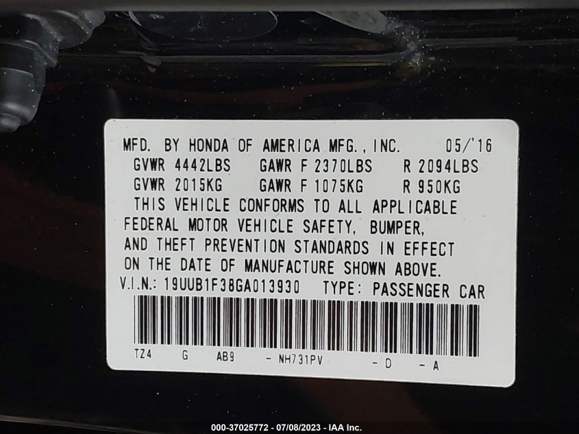 2016 ACURA TLX - 19UUB1F38GA013930