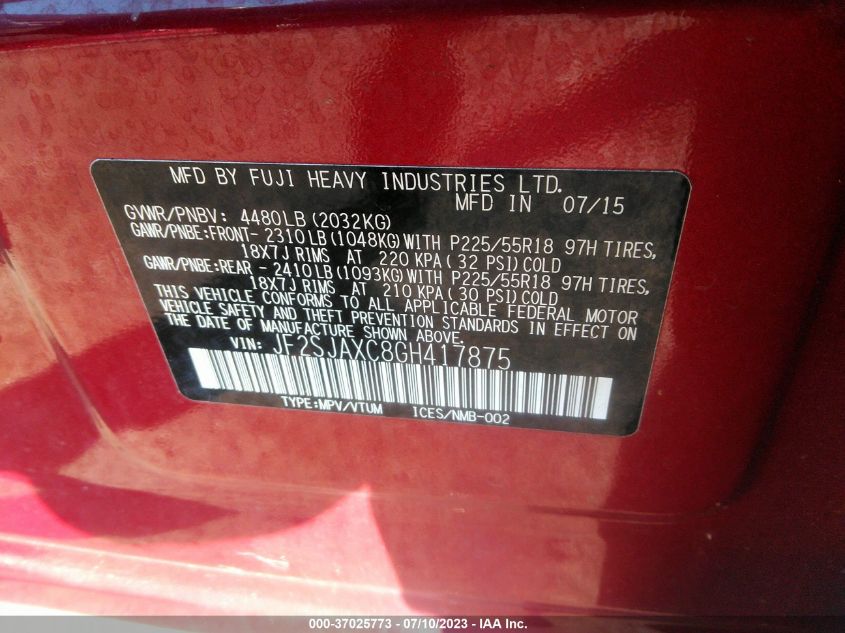 2016 SUBARU FORESTER 2.5I TOURING - JF2SJAXC8GH417875