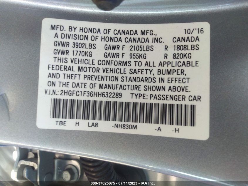 2017 HONDA CIVIC SEDAN EX-T - 2HGFC1F36HH632289