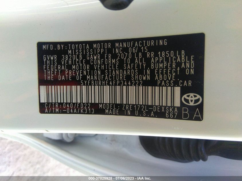 2015 TOYOTA COROLLA L/LE/S/S PLUS/LE PLUS - 5YFBURHE4FP344222