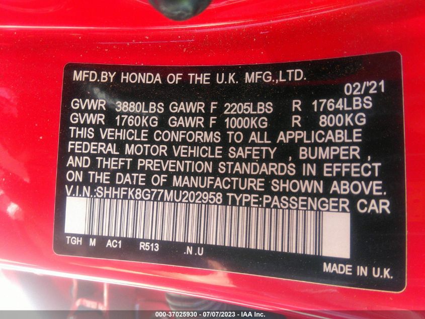 2021 HONDA CIVIC TYPE R TOURING - SHHFK8G77MU202958
