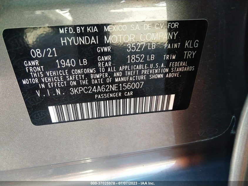 VIN 3KPC24A62NE156007 2022 HYUNDAI ACCENT SEL