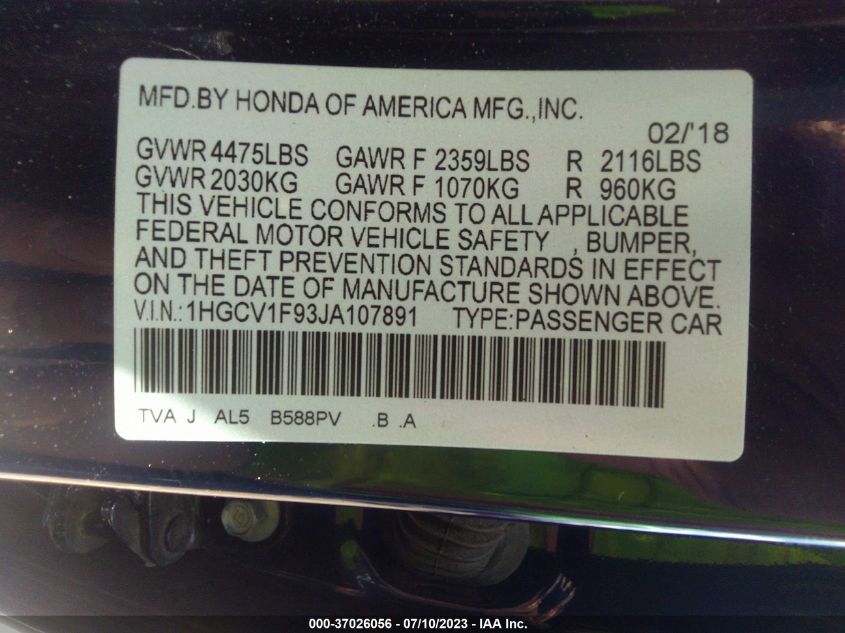 2018 HONDA ACCORD SEDAN TOURING 1.5T - 1HGCV1F93JA107891
