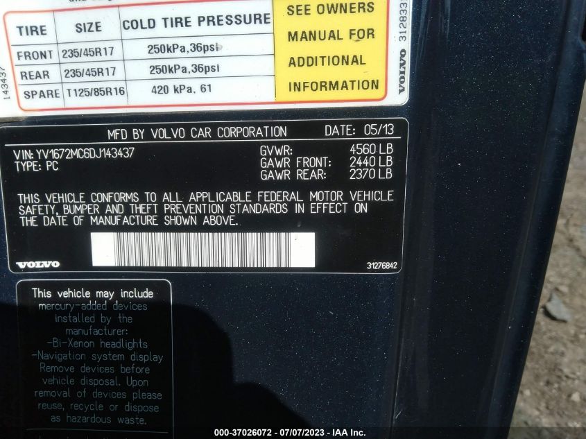 2013 VOLVO C70 T5 YV1672MC6DJ143437