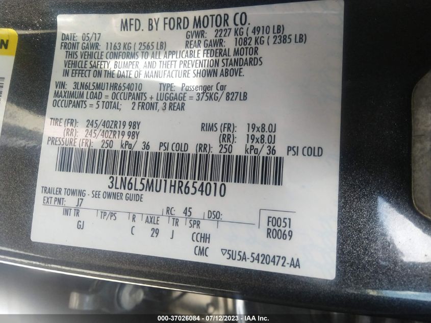 2017 LINCOLN MKZ HYBRID RESERVE - 3LN6L5MU1HR654010