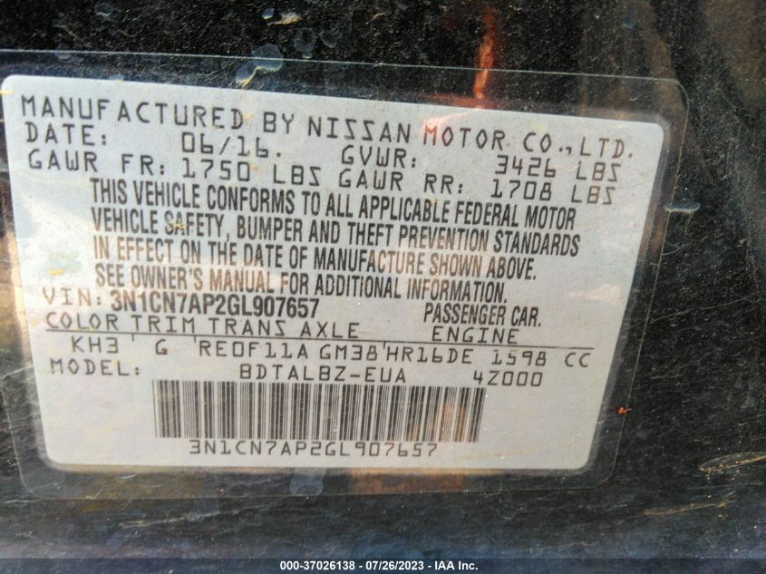 2016 NISSAN VERSA SV - 3N1CN7AP2GL907657