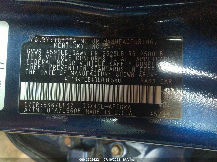 2013 TOYOTA AVALON XLE/LIMITED - 4T1BK1EB4DU038540