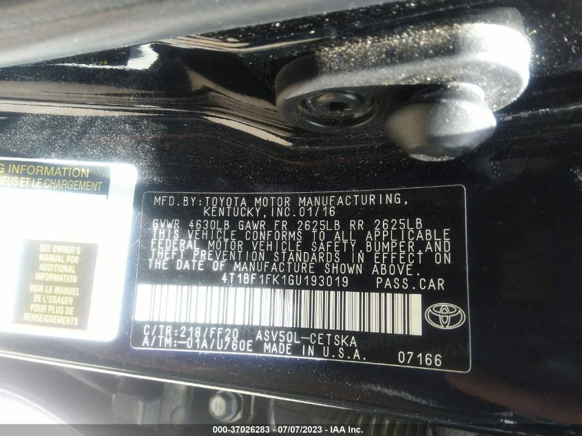 2016 TOYOTA CAMRY LE/XLE/SE/XSE - 4T1BF1FK1GU193019