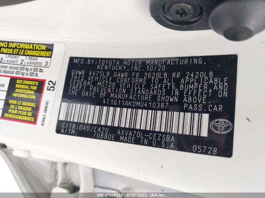 2021 TOYOTA CAMRY SE - 4T1G11AK0MU410387