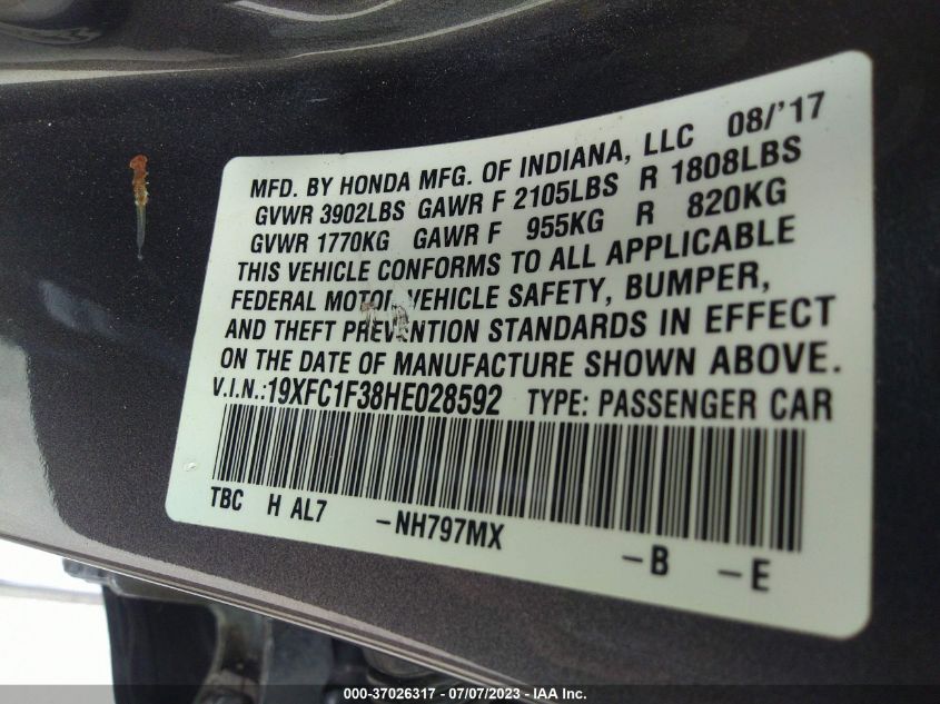 2017 HONDA CIVIC SEDAN EX-T - 19XFC1F38HE028592