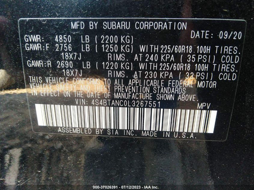2020 SUBARU OUTBACK LIMITED - 4S4BTANC0L3267551