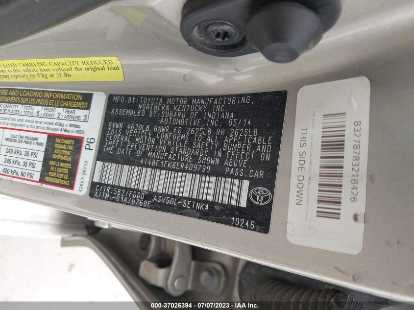 2014 TOYOTA CAMRY L/LE/XLE/SE/SE SPORT - 4T4BF1FK6ER409790