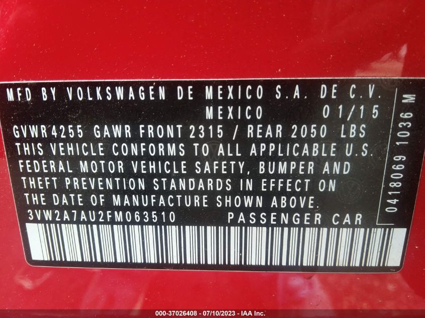 2015 VOLKSWAGEN GOLF TDI S - 3VW2A7AU2FM063510