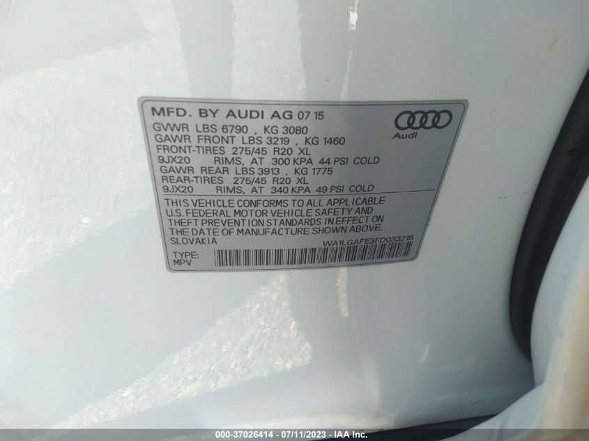 VIN WA1LGAFE3FD033216 2015 AUDI Q7 no.9