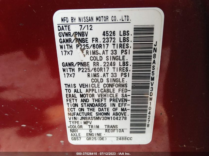 2013 NISSAN ROGUE SV - JN8AS5MV3DW104278
