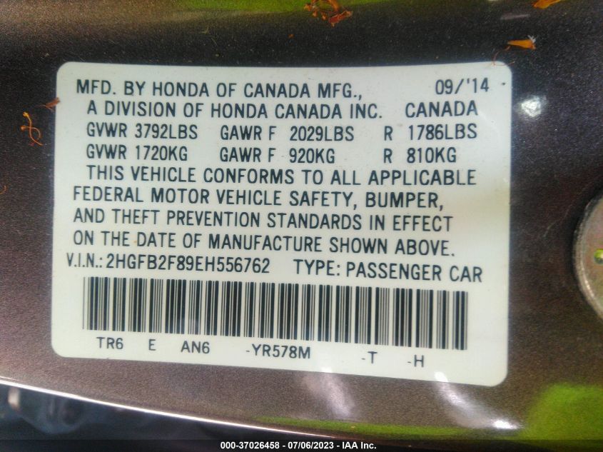 2014 HONDA CIVIC SEDAN EX - 2HGFB2F89EH556762