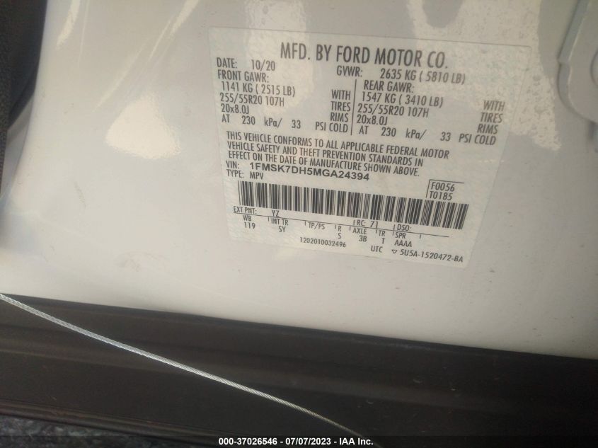 2021 FORD EXPLORER XLT - 1FMSK7DH5MGA24394