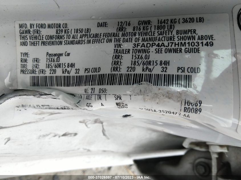 2017 FORD FIESTA S - 3FADP4AJ7HM103149