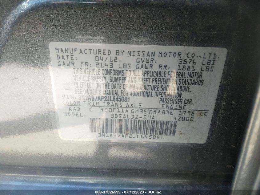 2018 NISSAN SENTRA S/SV/SR/SL - 3N1AB7AP2JL645081