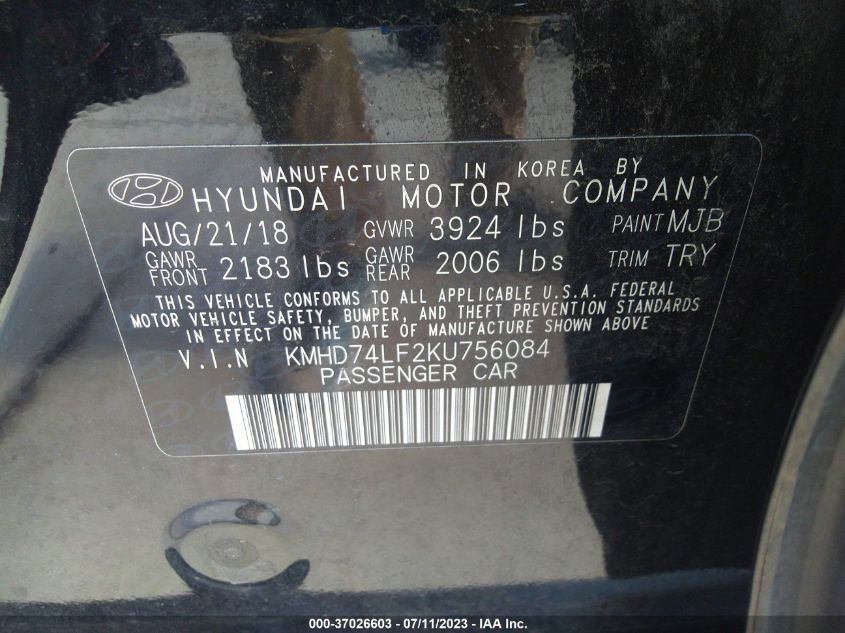 2019 HYUNDAI ELANTRA SE - KMHD74LF2KU756084