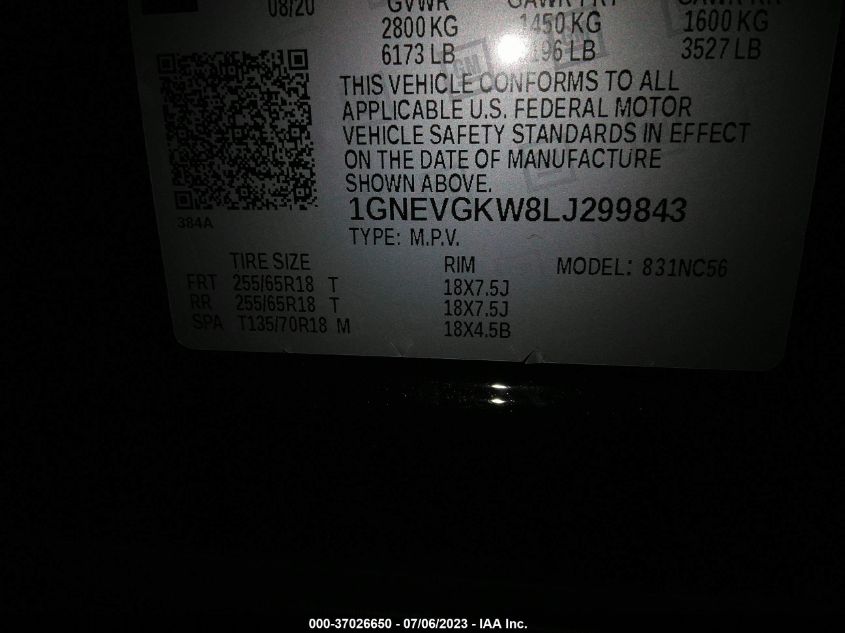 2020 CHEVROLET TRAVERSE LT CLOTH - 1GNEVGKW8LJ299843
