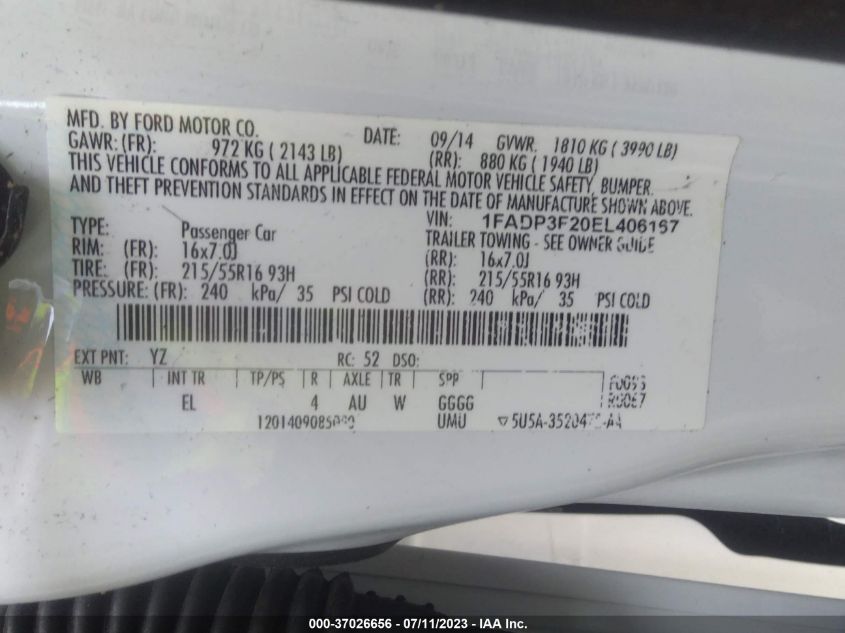 2014 FORD FOCUS SE - 1FADP3F20EL406167