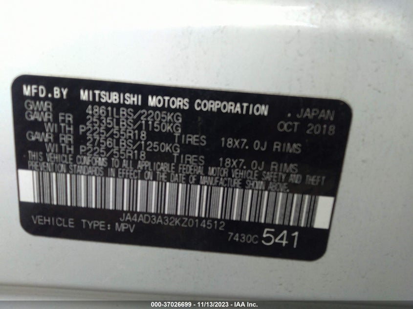 VIN JA4AD3A32KZ014512 2019 MITSUBISHI OUTLANDER SE/SEL/LE