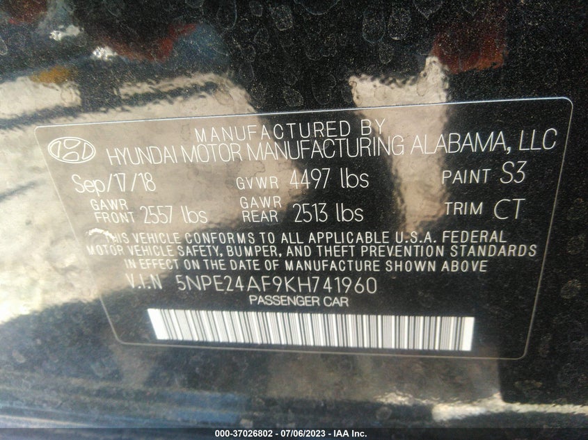 VIN 5NPE24AF9KH741960 2019 HYUNDAI SONATA SE