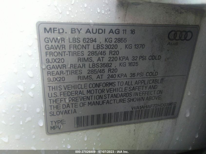 WA1AHAF72HD038612 2017 AUDI Q7, photo no. 9