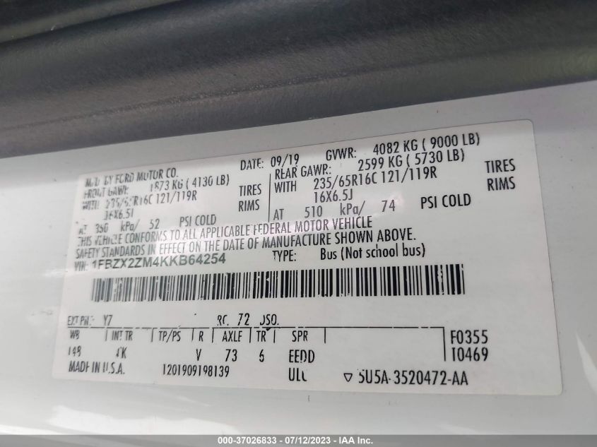 2019 FORD TRANSIT PASSENGER WAGON XL/XLT 1FBZX2ZM4KKB64254
