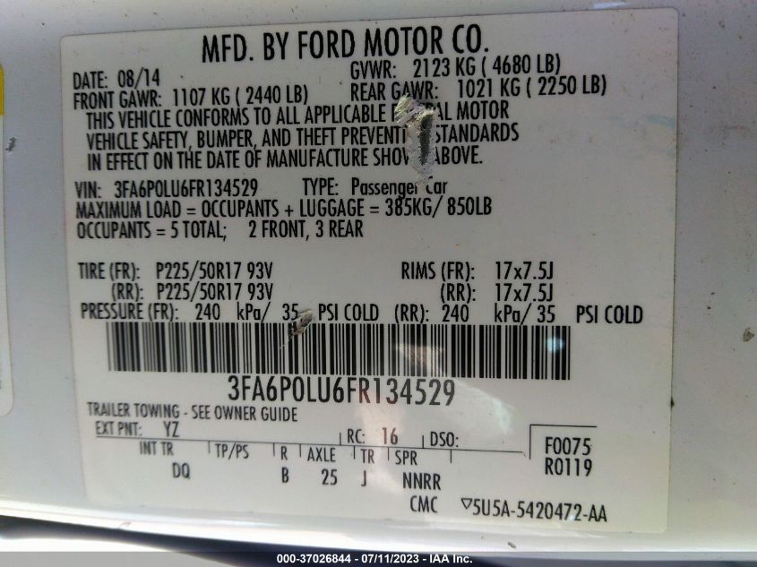 2015 FORD FUSION SE HYBRID - 3FA6P0LU6FR134529