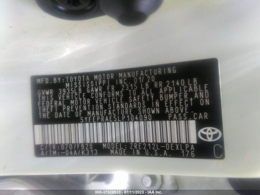 2020 TOYOTA COROLLA LE - 5YFEPRAE5LP104090