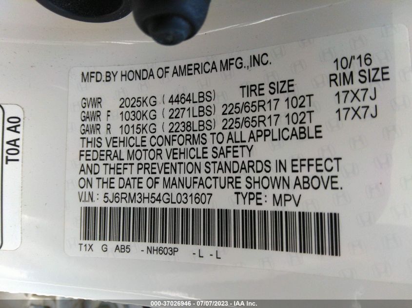 2016 HONDA CR-V EX - 5J6RM3H54GL031607