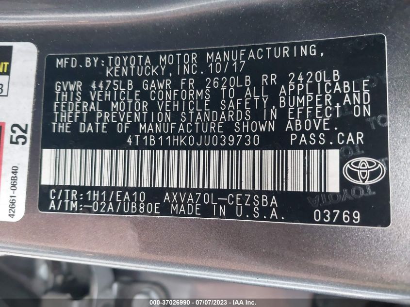 2018 TOYOTA CAMRY L/LE/XLE/SE/XSE - 4T1B11HK0JU039730