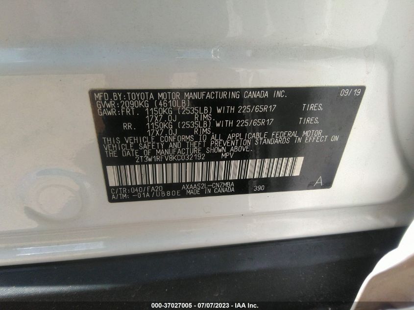 2019 TOYOTA RAV4 XLE - 2T3W1RFV8KC032192