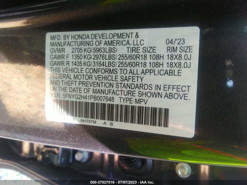 5FNYG2H41PB007648 Honda Pilot EX-L 8 PASSENGER 9