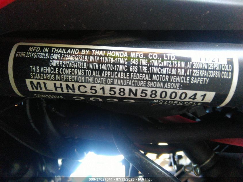 2022 HONDA CBR300 RA MLHNC5158N5800041