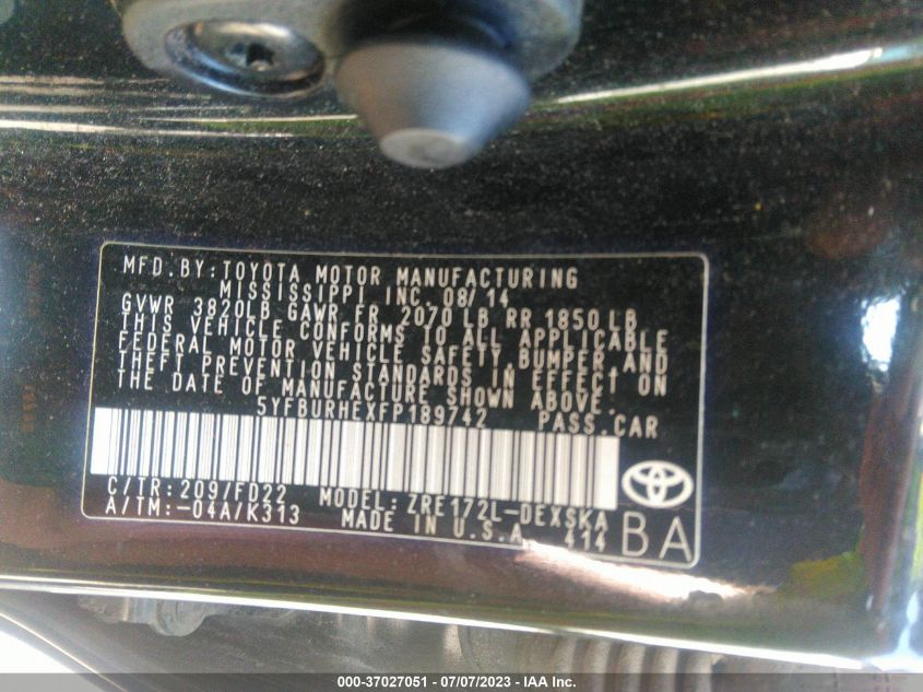 2015 TOYOTA COROLLA L/LE/S/S PLUS/LE PLUS - 5YFBURHEXFP189742