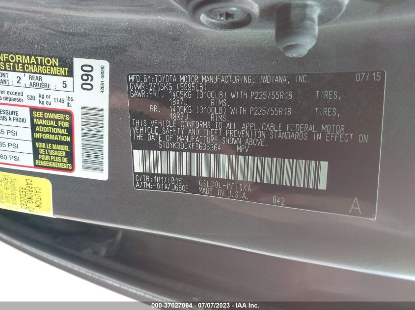 2015 TOYOTA SIENNA XLE/LIMITED - 5TDYK3DCXFS635364